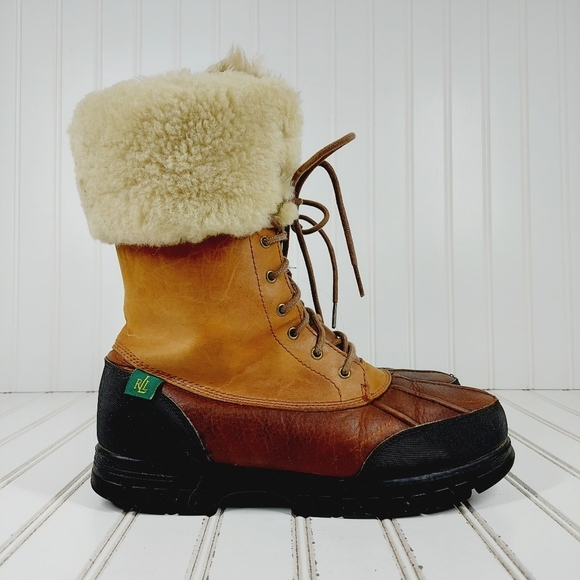 Lauren Ralph Lauren ]Tan Brown Fur Lined Mid Calf Quinta Duck Lace Boots K159 - Picture 5 of 11